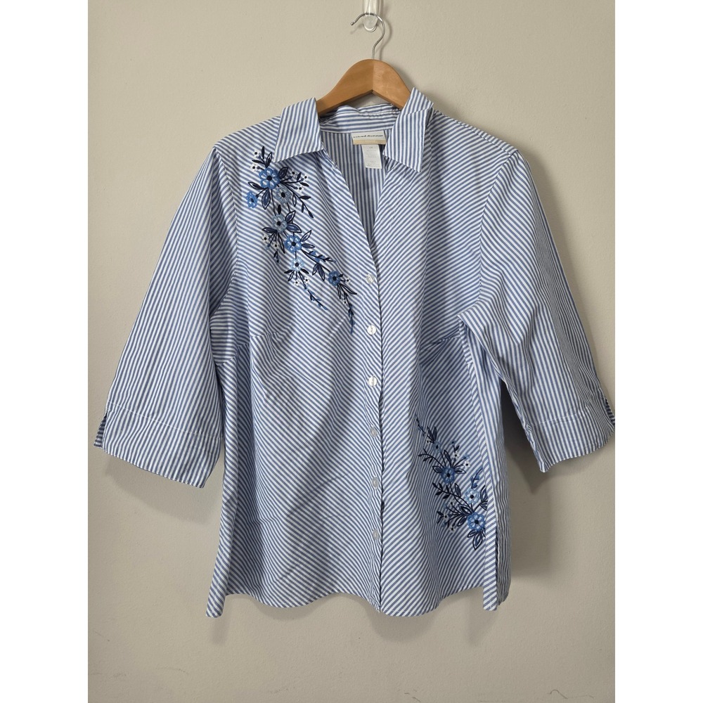 Alfred Dunner Woman Blue White Striped Floral Embroidered Button Down Shirt 1X